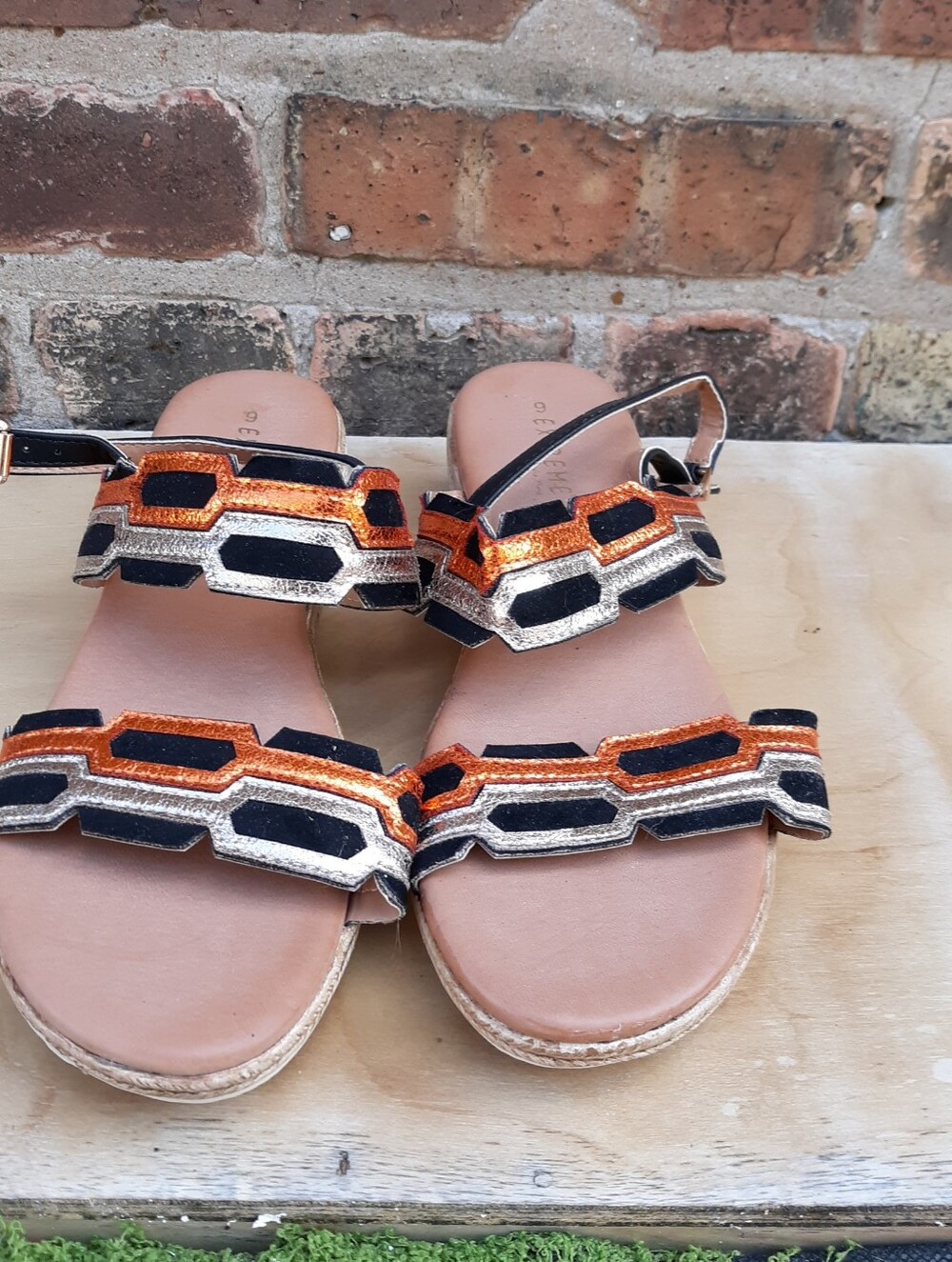 Extreme by Eddie Marc Womens 9 Metallic Orange Black Espadrille Wedge Sandal